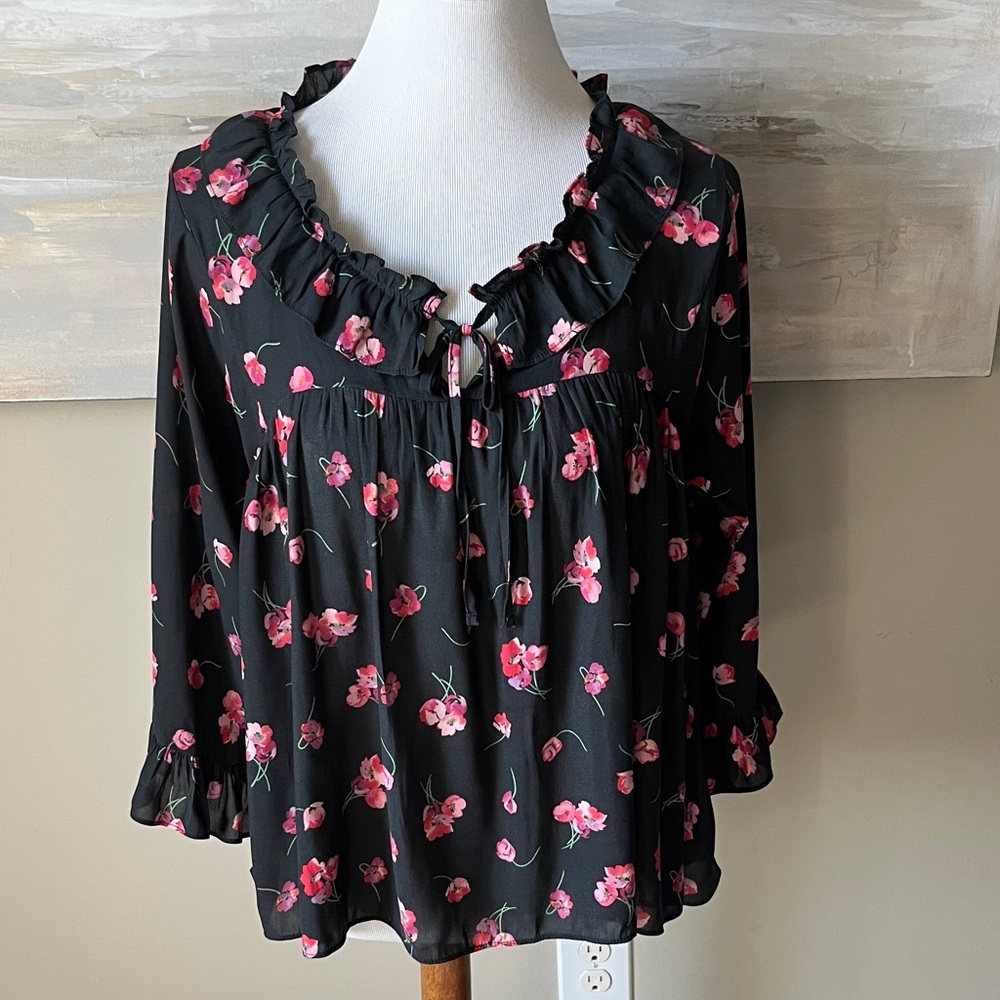 GAP black with pink floral ruffled baby doll blouse